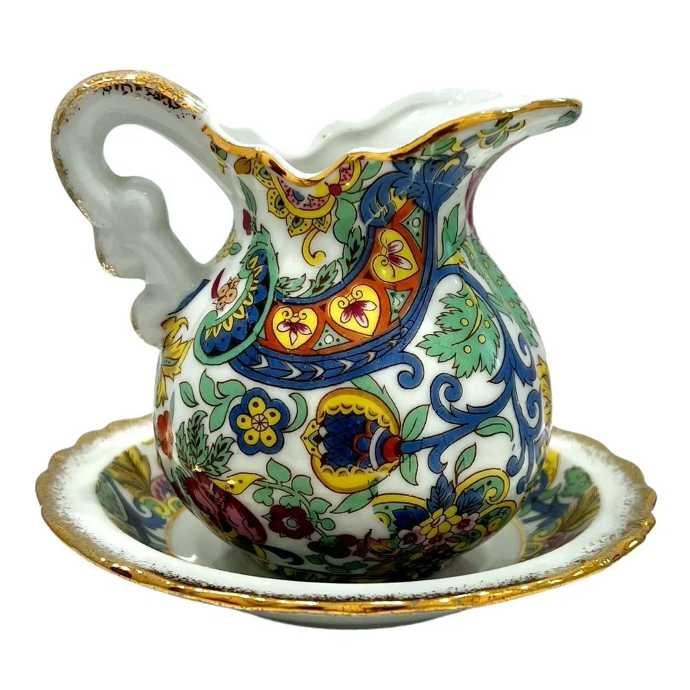 VINTAGE LENWILE/ARNART OF JAPAN SMALL WHITE W MULTICOLOR CREAMER & UNDERPLATE